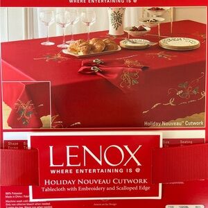 Lenox Holiday Nouveau Cutwork Red Tablecloths (2) and Matching Napkins (20)
